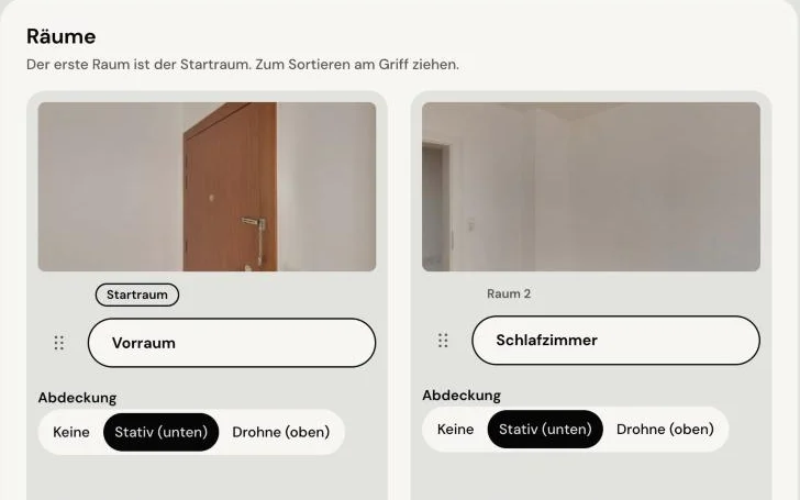Editor von REALONAUT 360: die Räume eines Rundgangs als Kacheln mit Vorschaubild, der erste ist als Startraum markiert