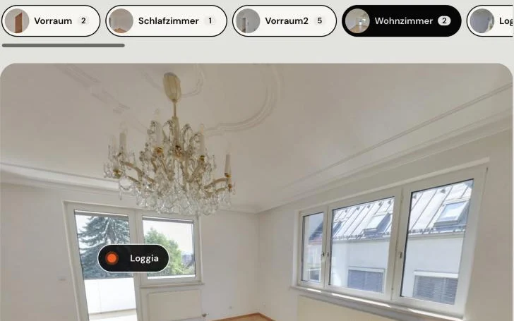 Editor im Bereich Spots: oben die Räume zum Hineinziehen, darunter die 360-Grad-Ansicht mit einem Spot zur Loggia