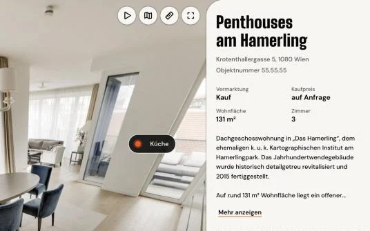 Rundgang mit Seitenleiste: Titel der Wohnung, Adresse, Objektnummer, Kauf, Kaufpreis auf Anfrage, 131 Quadratmeter, 3 Zimmer und Beschreibung