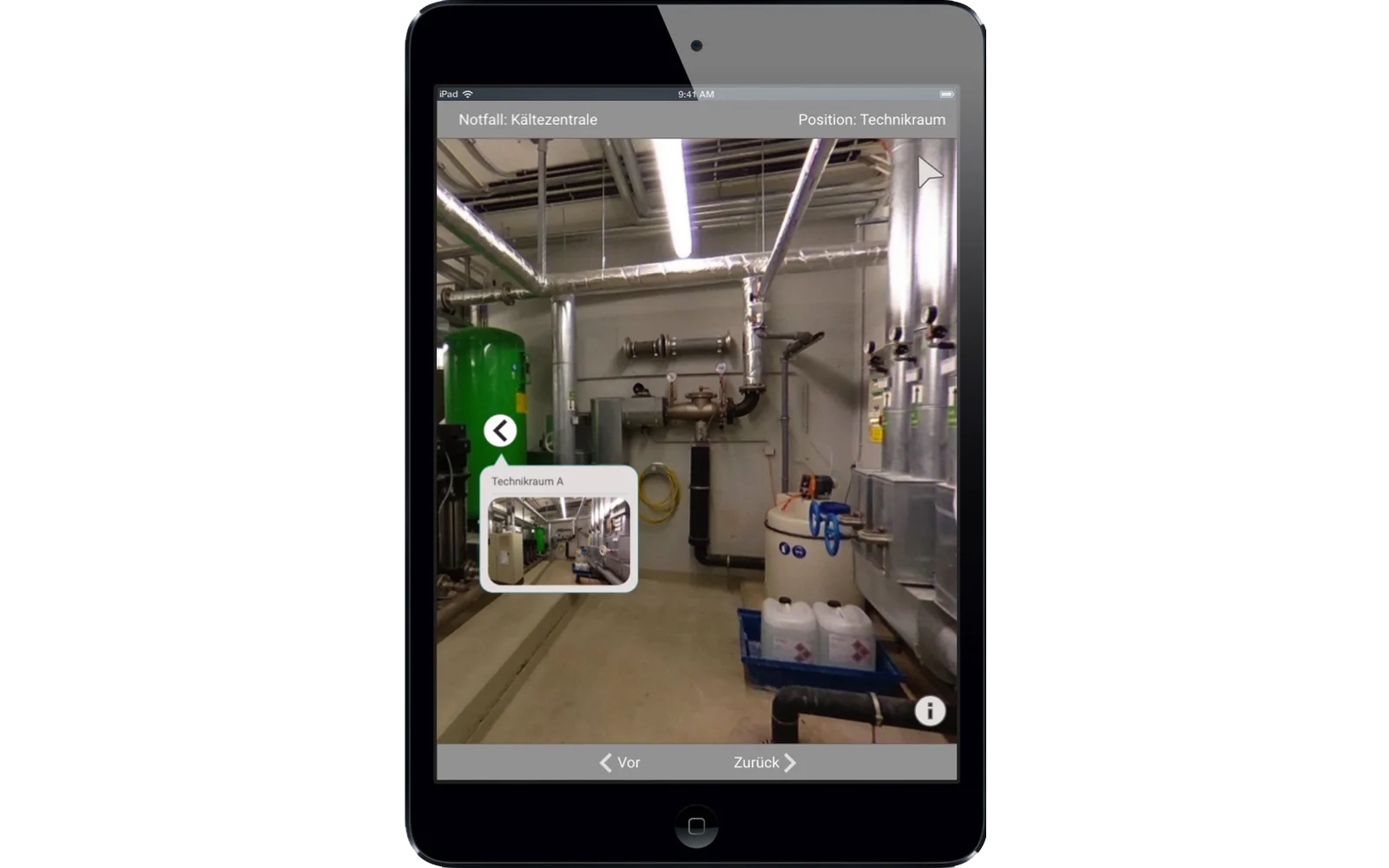 Prototyp des digitalen Notfallordners am Tablet: 360-Grad-Ansicht eines Technikraums